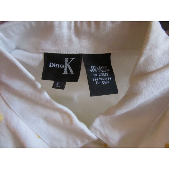 White Short-Sleeve Button-Up Shirt With Gold Polka Dot Print Dina K Size L - Picture 6 of 6